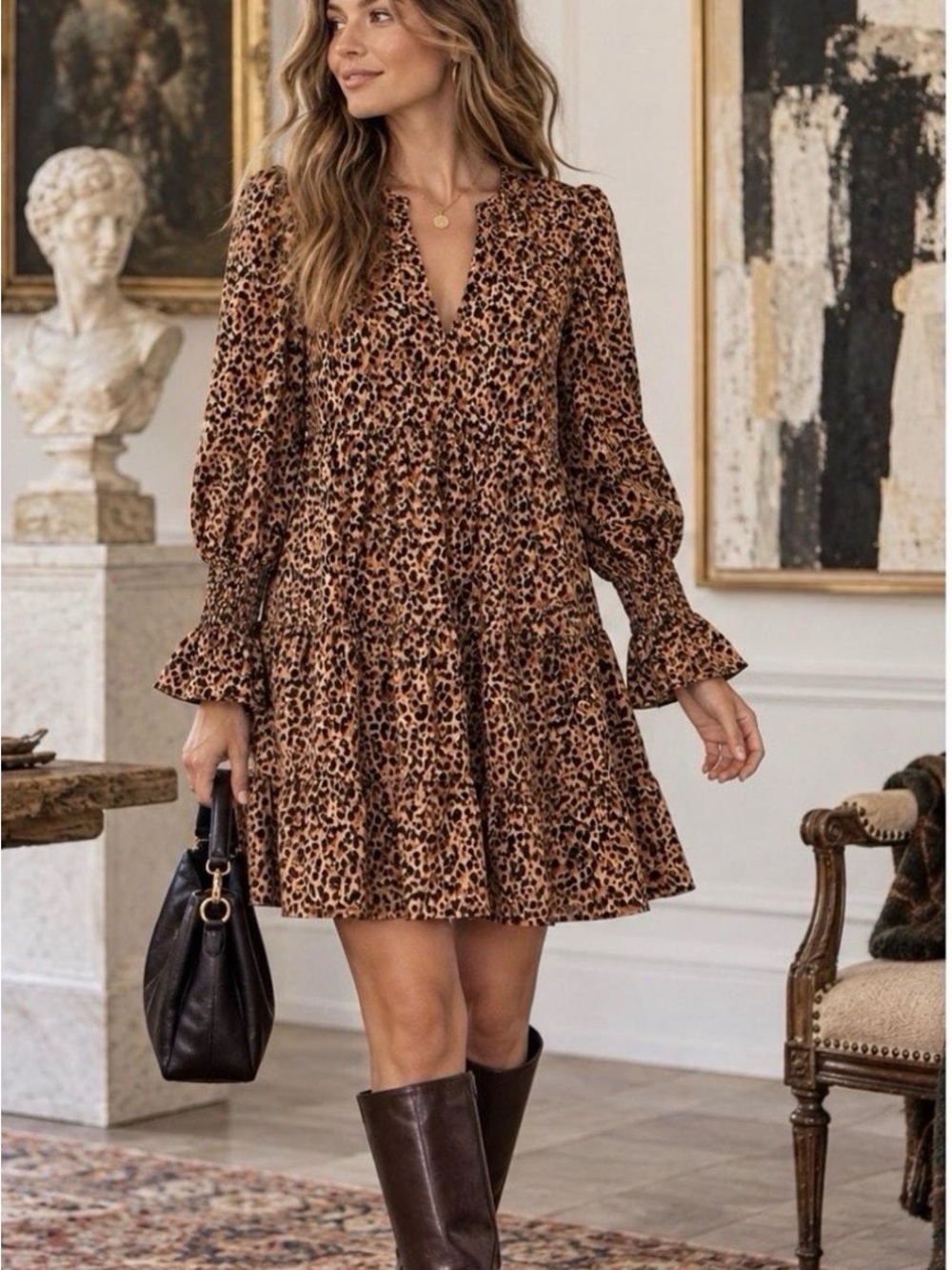 Pomander Place Brown Leopard  Long Sleeve Tiered Dress Tuckernuck size 3XL NWT